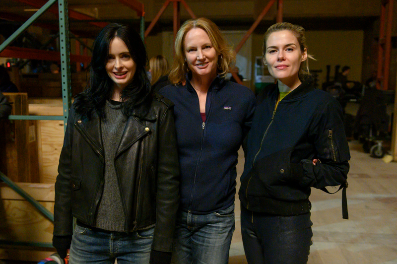 Krysten Ritter, Melissa Rosenberg, and Rachael Taylor on the Jessica Jones set.